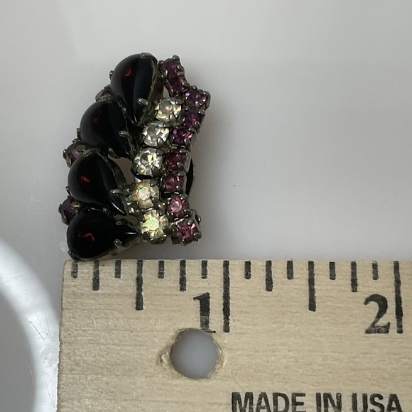 Vintage Purple & Clear Rhinestone Earrings Climber Clip On Silver Tone Statement - Picture 9 of 9